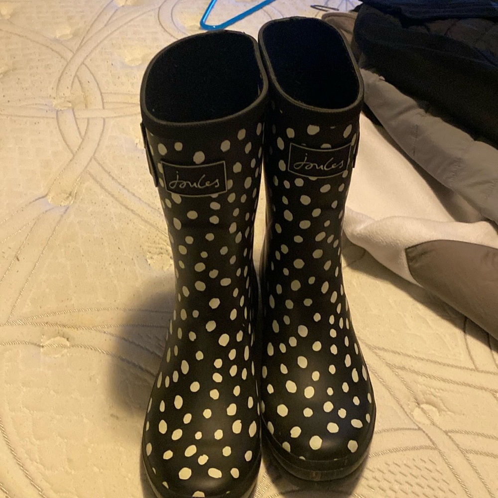 Joules black and white polka dot rain boots for women